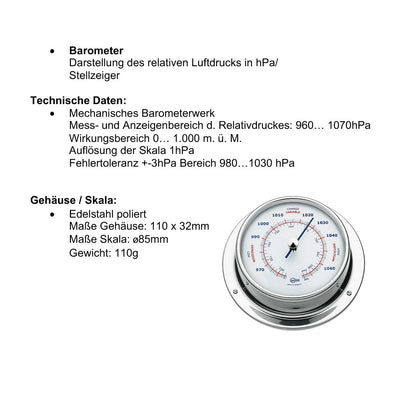 Barigo Sky Kabinenaustattung Schiffsbarometer Edelstahl poliert 110mm