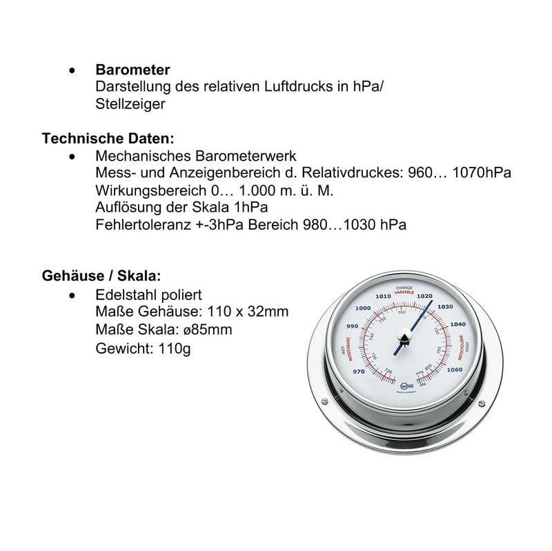 Barigo Sky Kabinenaustattung Schiffsbarometer Edelstahl poliert 110mm