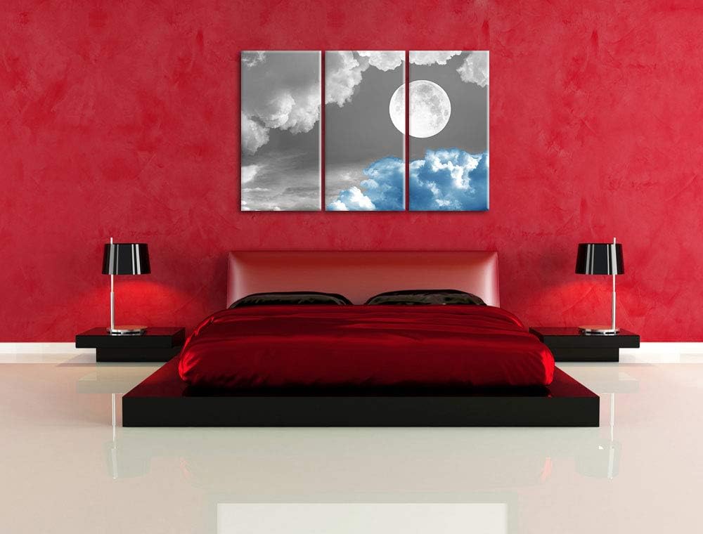 Traumhafter Vollmond über blauer Wolke schwarz/weiss 3-Teiler Leinwandbild 120x80 Bild auf Leinwand,