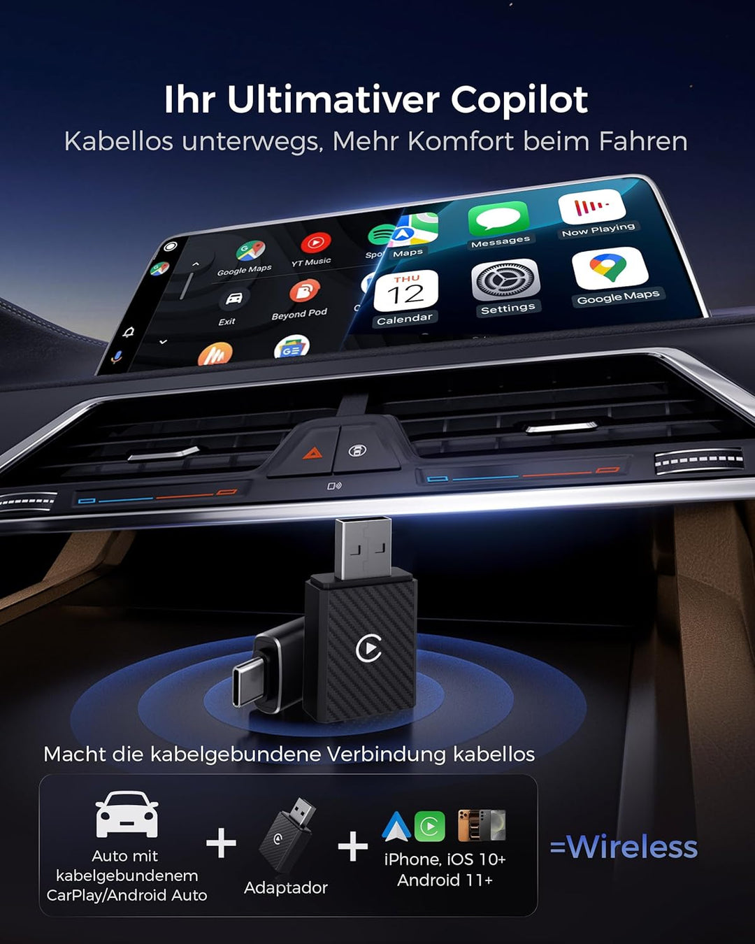 CarPlay und Android Auto Wireless Adapter 2 In 1, V5.4 Bluetooth Stabile Verbindung, Dualband WiFi 6