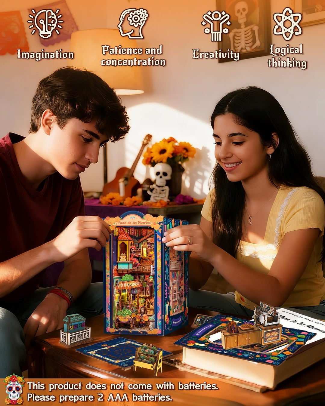 CUTEBEE Book Nook Kit - Mexikanische Festtagsstimmung DIY Puppenhaus, LED-beleuchtetes Buchregal-Dek