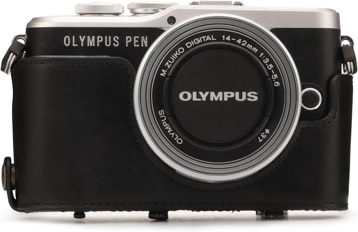 MegaGear MG1451 Olympus PEN E-PL9 (14-42mm) Ever Ready Leder Kamera-Case mit Trageriemen - Black Sch