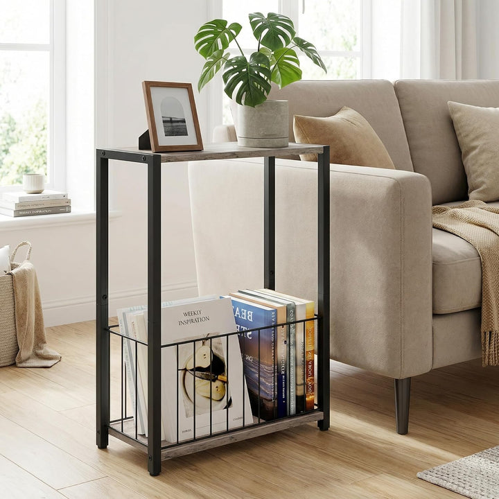 Schmaler Beistelltisch mit Zeitschriftenhalter, Greige-schwarz | Eisenrahmen und MDF-Platte, 18 x 43