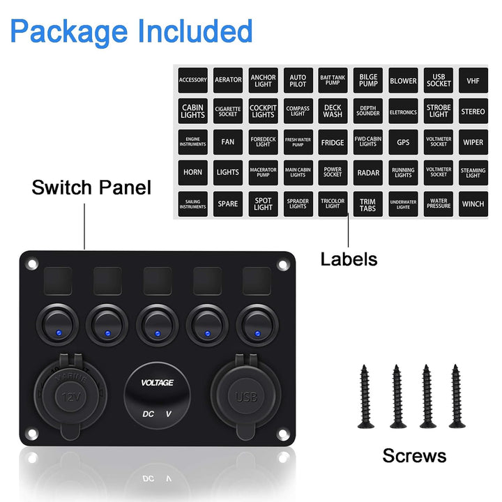 5 Gang Schalter Panel, 12V/24V Kippschalter Panel IP65 Wasserdichte LED Voltmeter Dual USB Buchse La