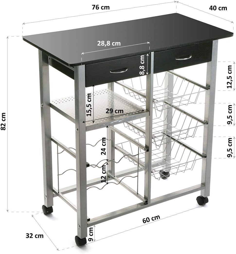 Versa Leicester Küchenwagen mit Rädern, Schubladen und Flaschenregal, Gemüsehändler, Küchenablage, M