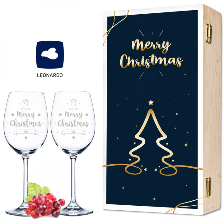 Leonardo Weingläser mit Gravur im - Goldene Weihnachten - Design als Set inkl. Holzkiste - Geschenk