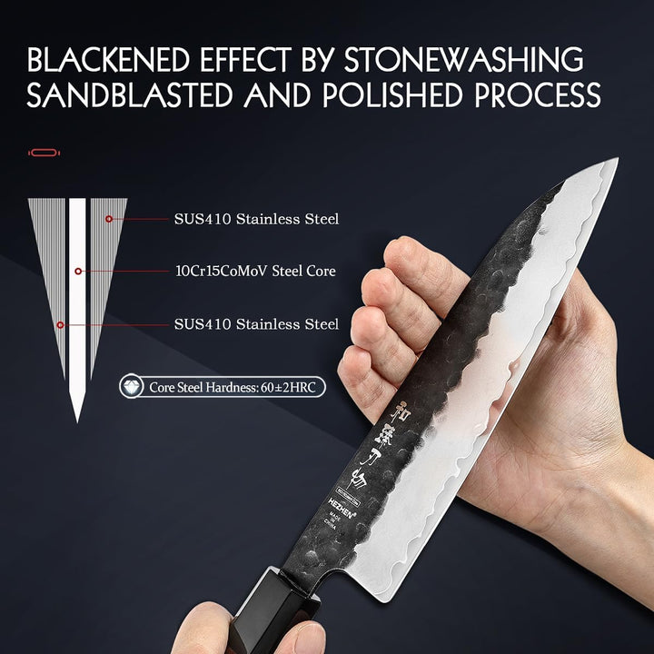HEZHEN 18,5cm Santoku Messer, Verkleideter Stahl Kochmesser, Geschmiedet Japanischer Stil Gyuto Mess