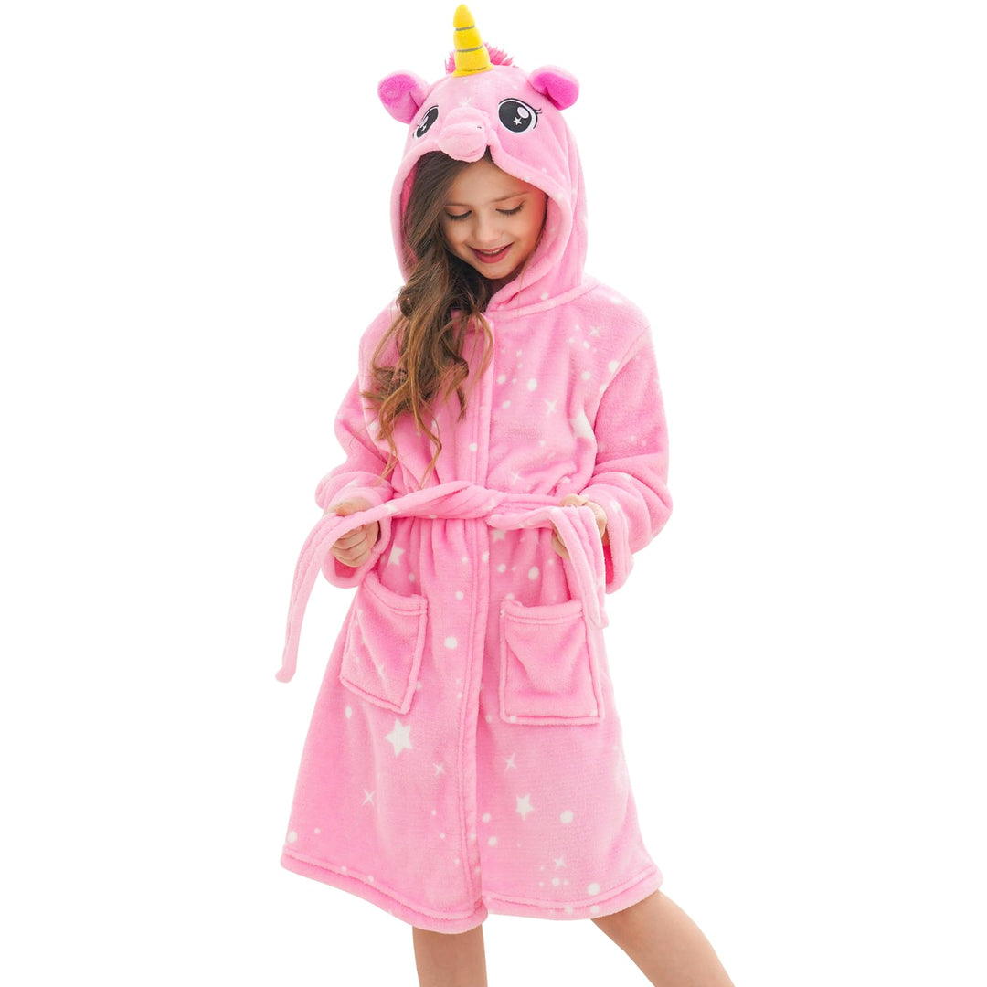 Ceruwum Einhorn Bademantel für Mädchen Weich Fleece Morgenmäntel mit Kapuze 4-5 Jahre Rosa Sterne, 4
