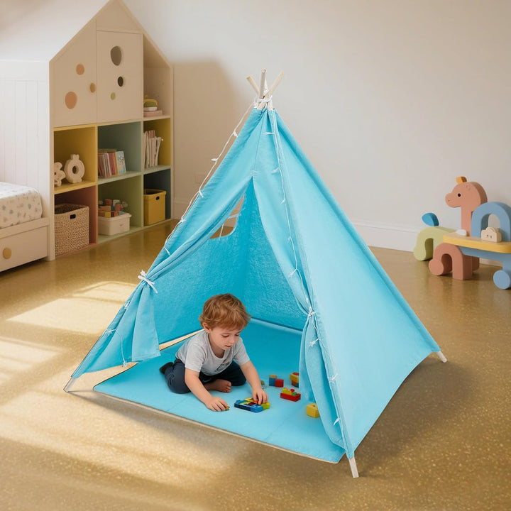 Tipi Zelt für Kinder, Spielzelt Kinder mit weicher Matte &amp; Lichterkette, 1,4m hohes Kinderzelt aus B