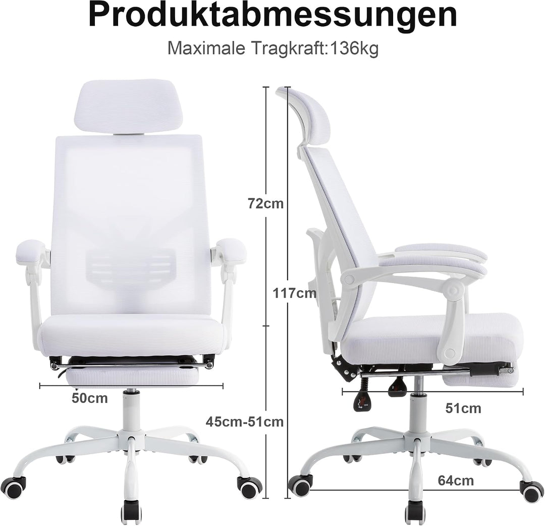 UEV Ergonomisch Bürostuhl aus Mesh, Schreibtischstuhl mit Fussstütze, Weiss | Drehstuhl mit verstell