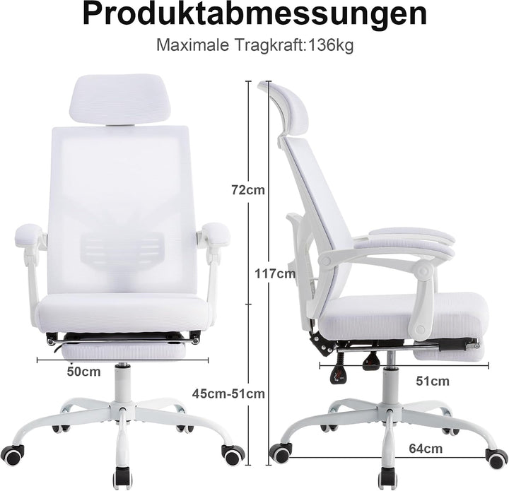 UEV Ergonomisch Bürostuhl aus Mesh, Schreibtischstuhl mit Fussstütze, Weiss | Drehstuhl mit verstell