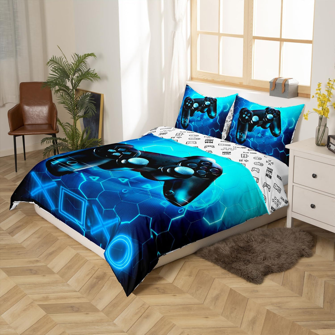 Homemissing Gaming Bettbezug für Kinder, Gamer, Blau, Videospiel, Bettwäsche, 200x200 cm, Spielekons