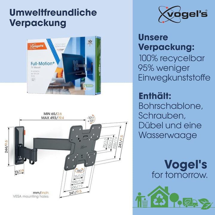 Vogel's Comfort TVM 3245 Schwenkbare TV-Wandhalterung für 19-43 Zoll Fernseher, Max. 15 kg, Schwenkb