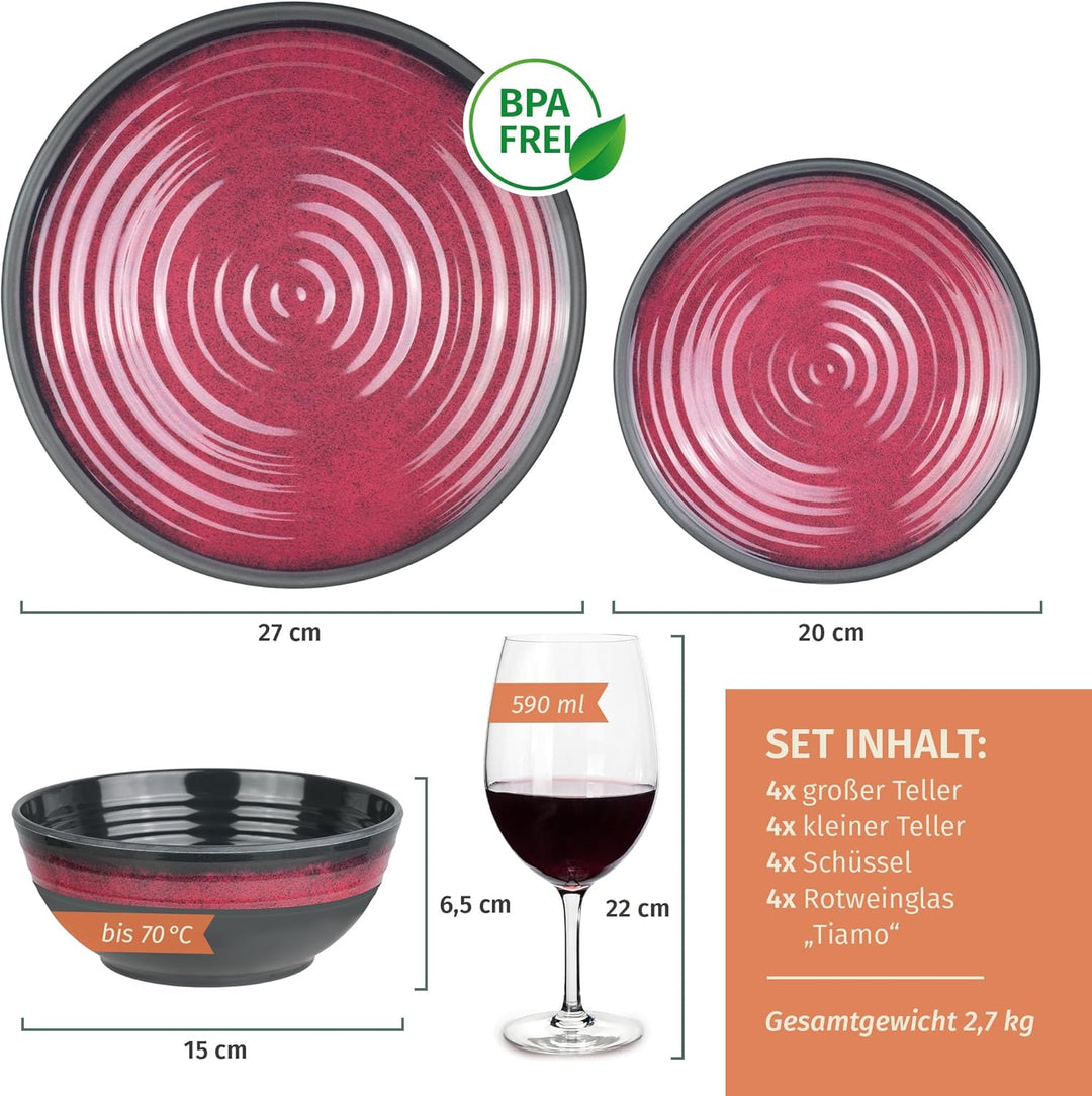Melamin Camping Geschirr Set 4 Personen Stone Red + 4 Timo Rotwein Gläser Rot Weingläser Tafelgeschi