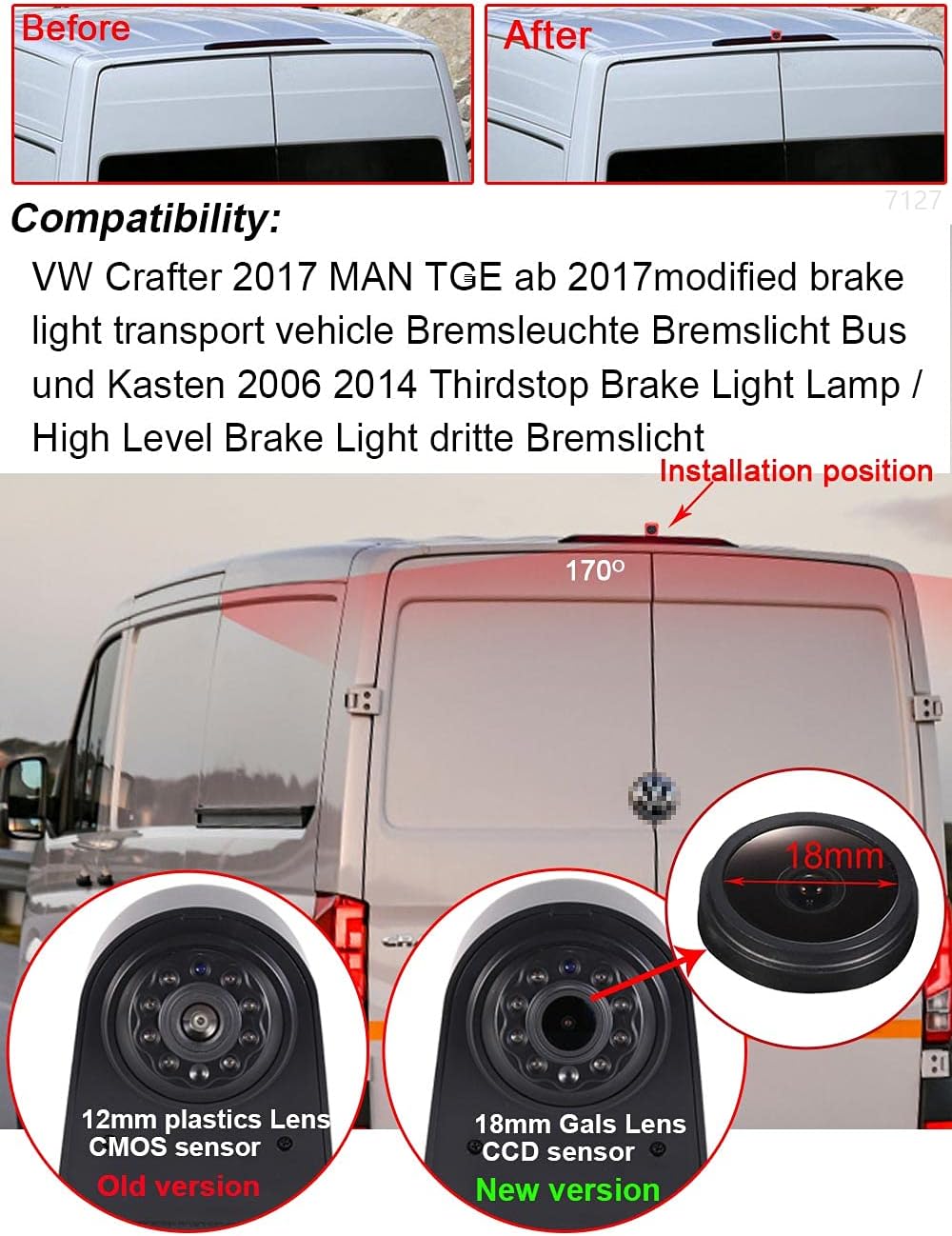 Berlingan 18mm Linse Top Qualität Auto Drittes Dach Original-Bremslicht-Rückfahrkamera, Ersatz für V