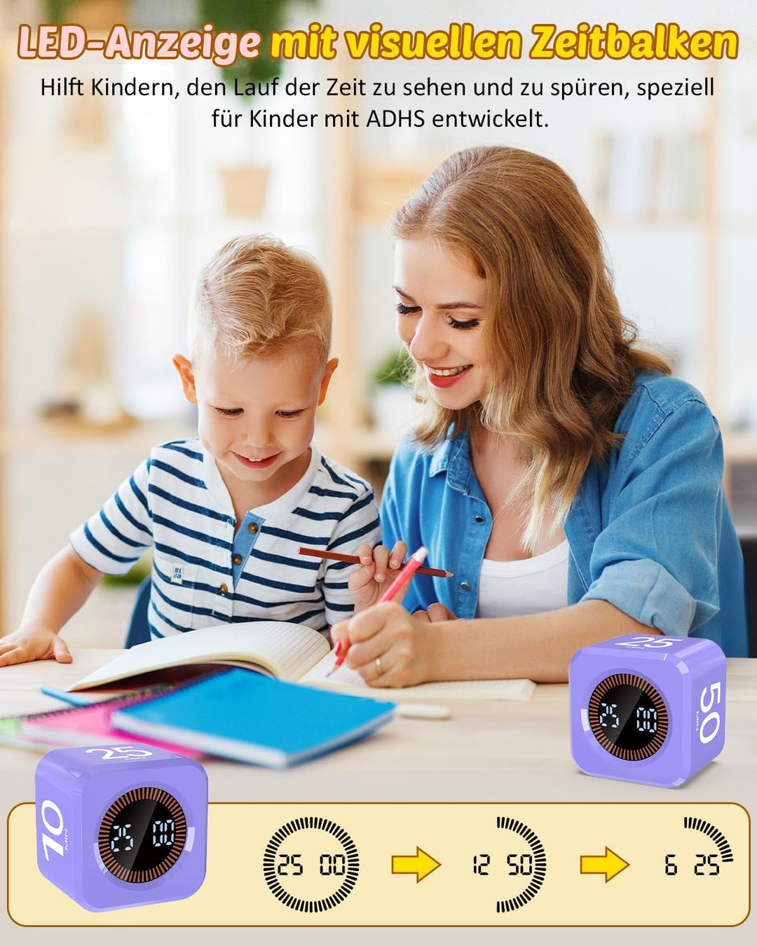 Pomodoro Timer Cube, Visueller Würfel-Timer für Kinder, Digitale LED Drehbarer Timer mit 5/10/25/50