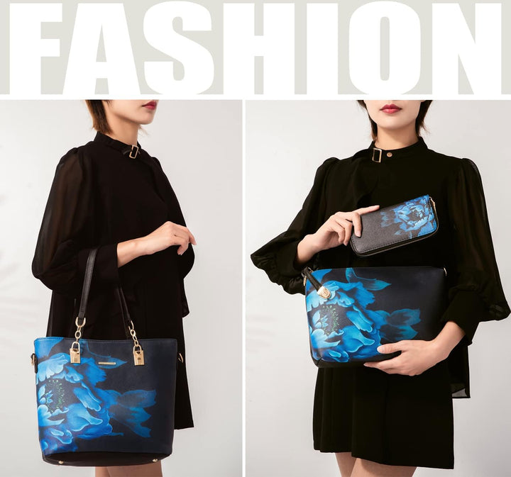 2E-youth Damen Set Tote Handtasche Umhängetasche Geldbörse Schwarz / Blau, Schwarz / Blau