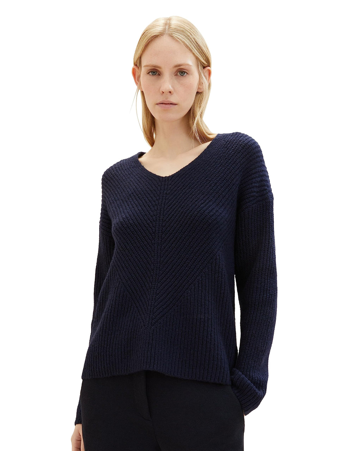 TOM TAILOR Damen 1042956 RIPP Strickpullover mit V-Ausschnitt S 10668 - Sky Captain Blue, S 10668 -