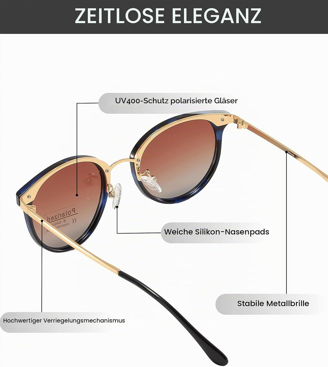 Polarisierte Sonnenbrille Damen Herren,Vintage Elegant Metallrahmen UV400-Schutz Outdoor Für Fahren