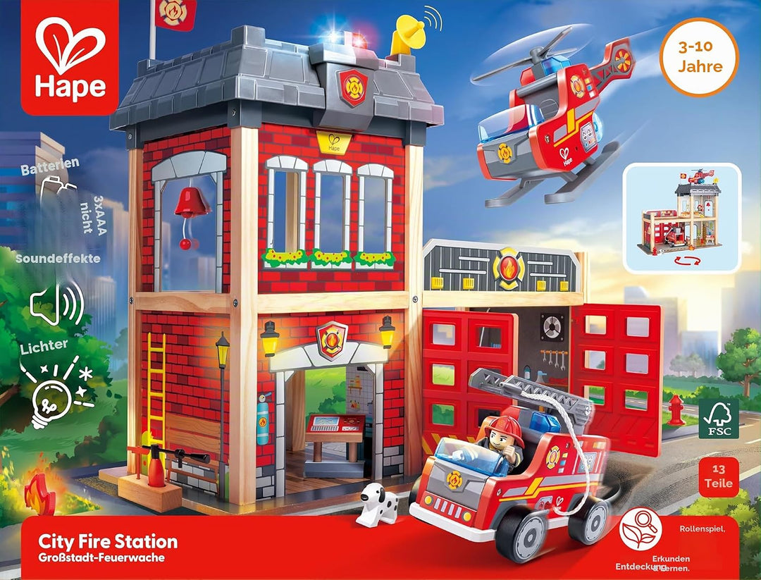 Grossstadt-Feuerwache Spieleset von Hape aus Holz für Kinder ab 3 Jahren