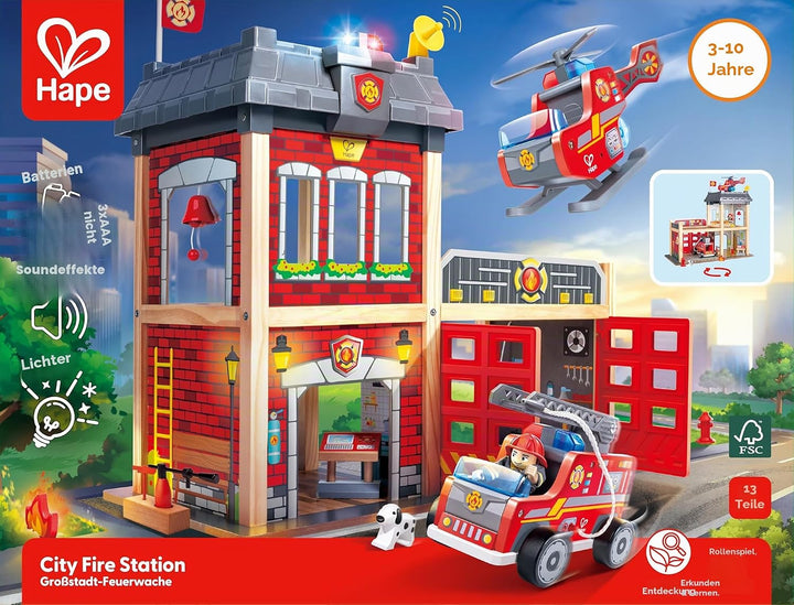 Grossstadt-Feuerwache Spieleset von Hape aus Holz für Kinder ab 3 Jahren