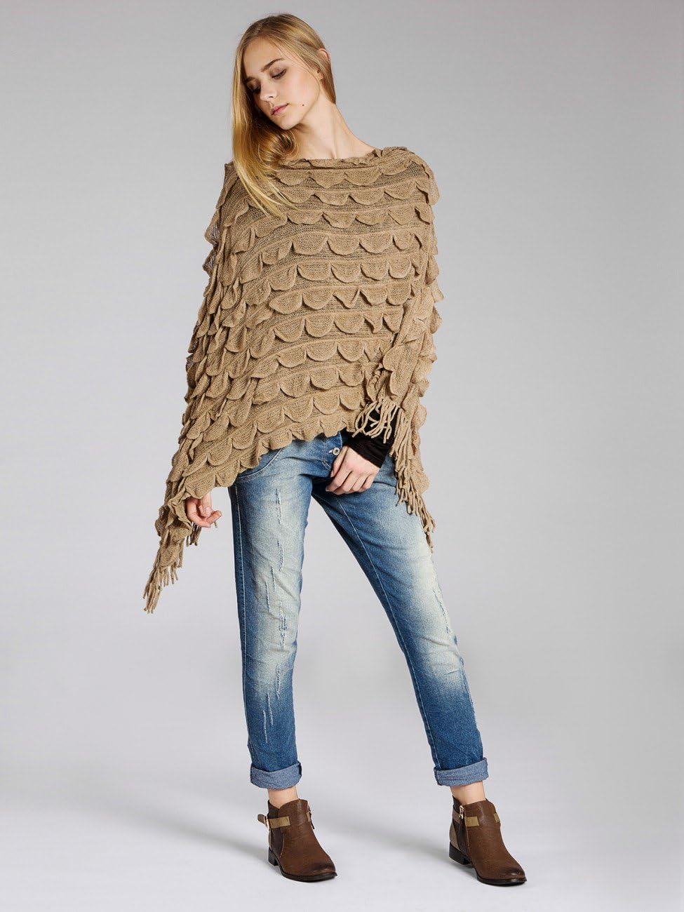 Caspar PON007 Damen Fransen Poncho Einheitsgrösse schlamm, Einheitsgrösse schlamm