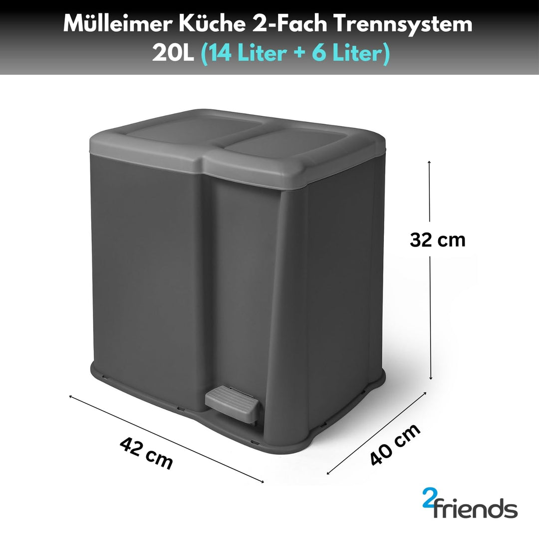 Mülleimer Küche 2-Fach Trennsystem 20L (14L+6L), Treteimer mit Pedalfunktion, Abfalleimer Kunststoff