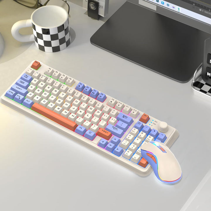 Lancoon 2.4G Tastatur und Maus Set Kabellos mit Lautstärkeregler 94 Tasten Dual-Mode Verstellbare Ha