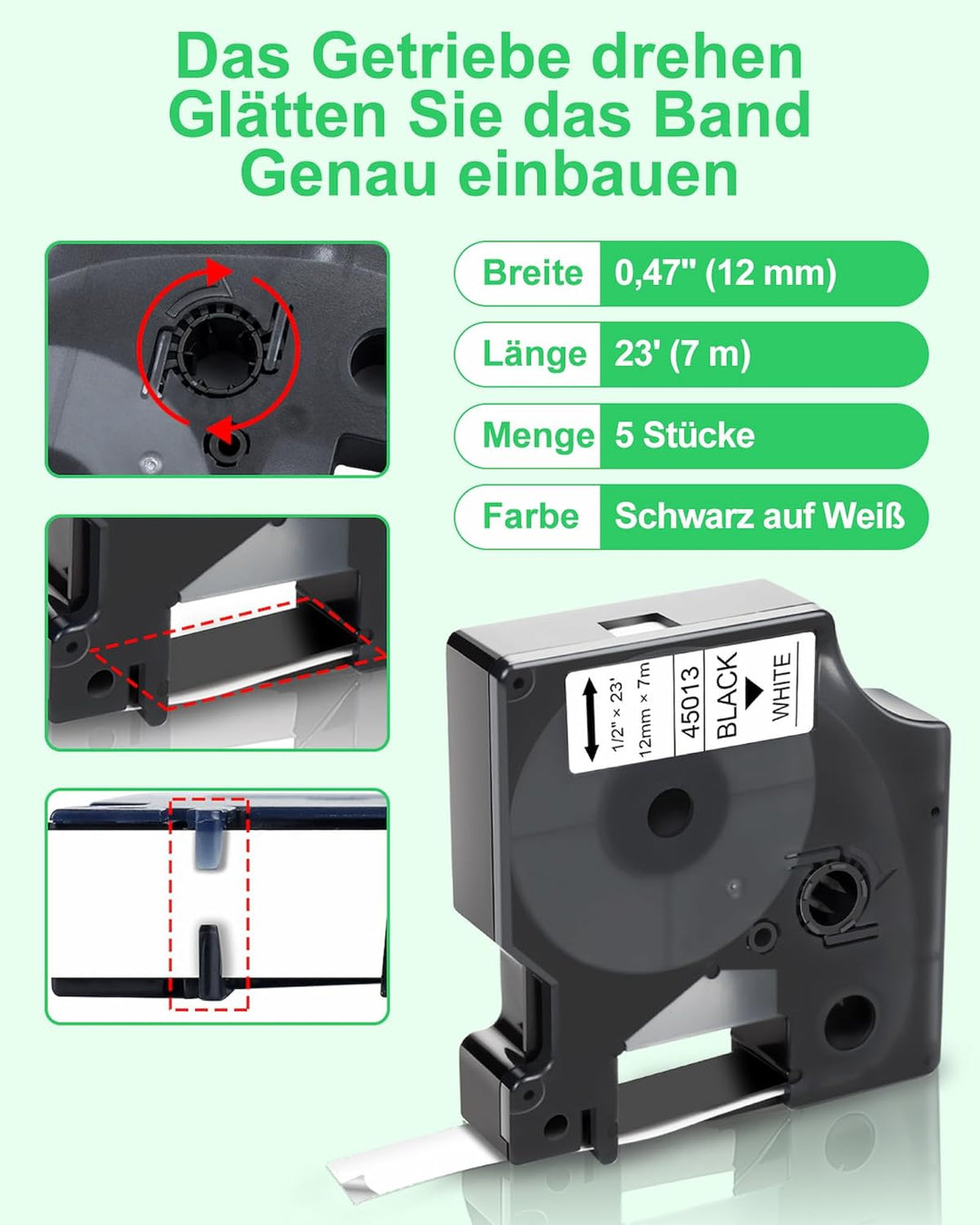 5x Kompatibel für Dymo D1 Etikettenband 12mm x 7m 45013 A45013 S0720530 Schwarz auf Weiss Schriftban
