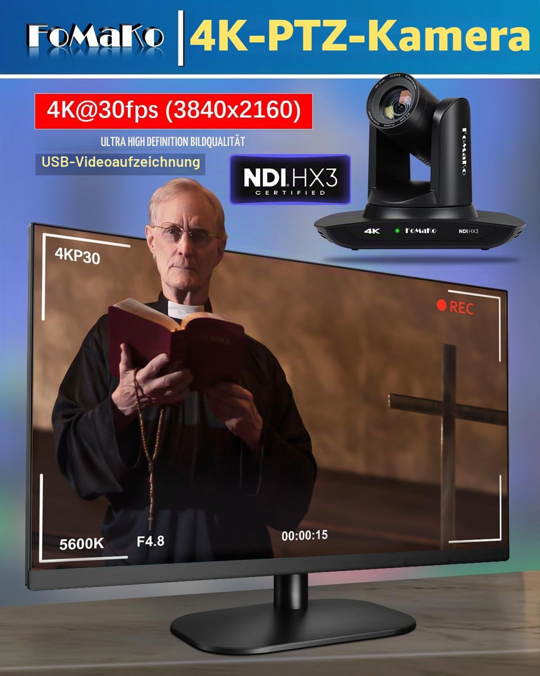 FoMaKo 4K 30x NDI PTZ Kamera, 30x Optischer Zoom, KI Auto-Tracking Gen 3, 3G-SDI HDMI LAN USB 3.0 PT
