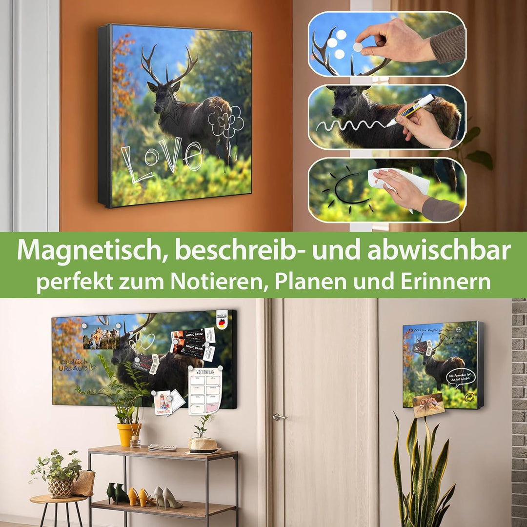banjado® Grosser Schlüsselkasten Glas/Schlüsselbox 30cm x 30cm mit 50 Haken - Motiv Hirsch/Schlüssel