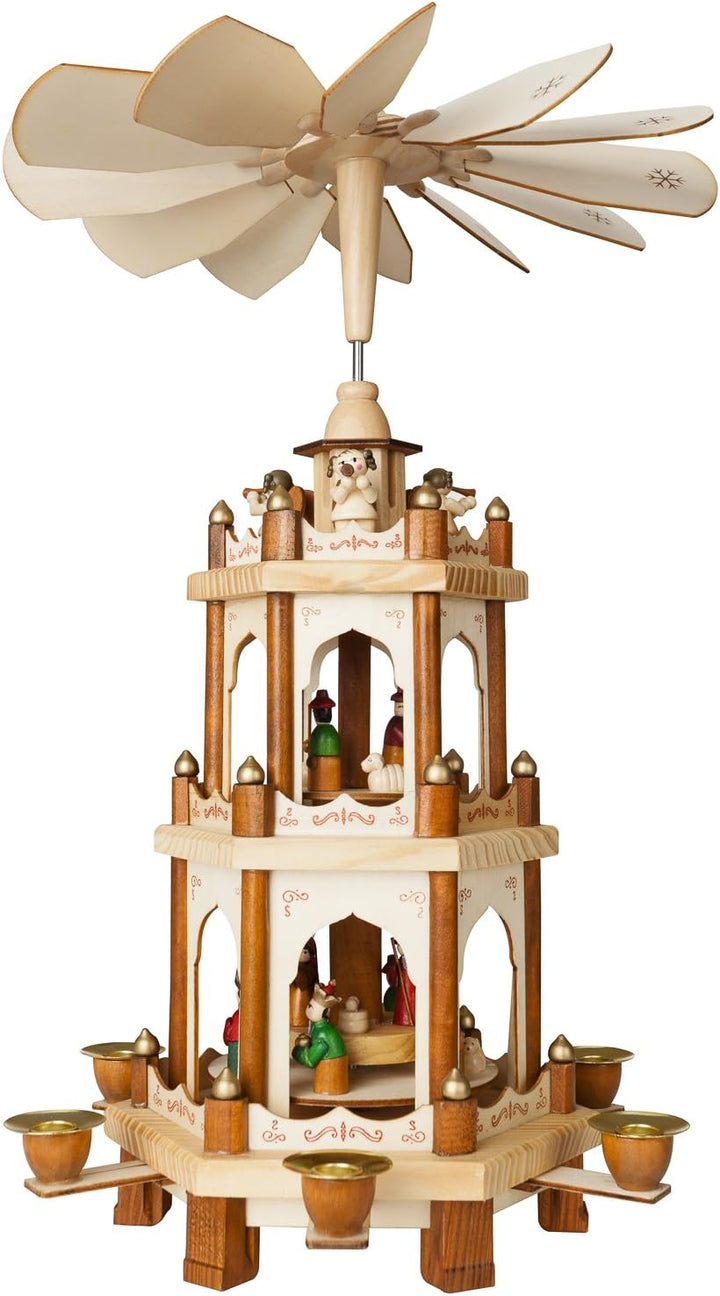 Brubaker Weihnachtspyramide Holzpyramide - Natur - 3 Etagen - 45 cm Höhe - handbemalte Figuren Natur