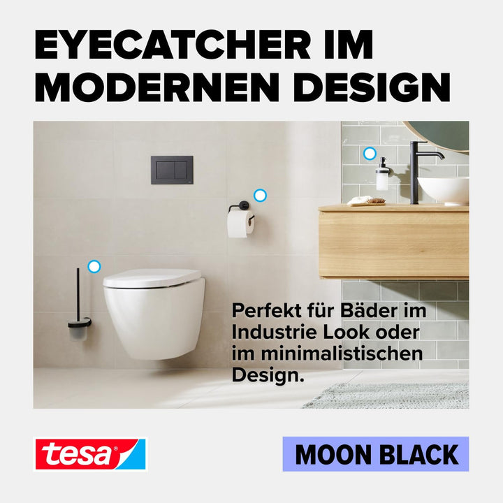 tesa Moon Black Seifenspender, matt schwarz, Pumpspender aus satiniertem Glas, 200 ml - für Bäder im