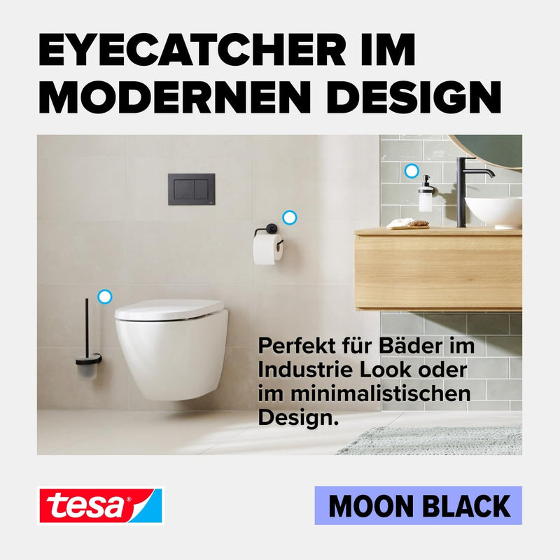 tesa Moon Black Seifenspender, matt schwarz, Pumpspender aus satiniertem Glas, 200 ml - für Bäder im