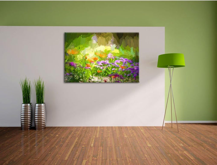 Blumenwiese Pinsel Effekt, Format: 100x70 auf Leinwand, XXL riesige Bilder fertig gerahmt mit Keilra
