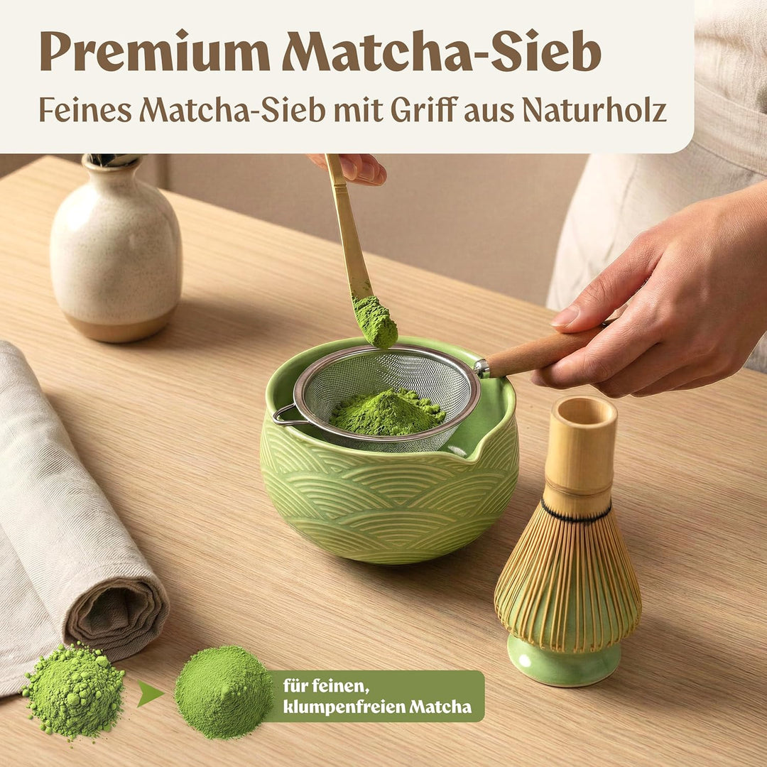 Matcha Set (7 Teilig) Matcha Schale mit Besen, Sieb, Löffel - Einzigartiges Design Ceremonial Grade