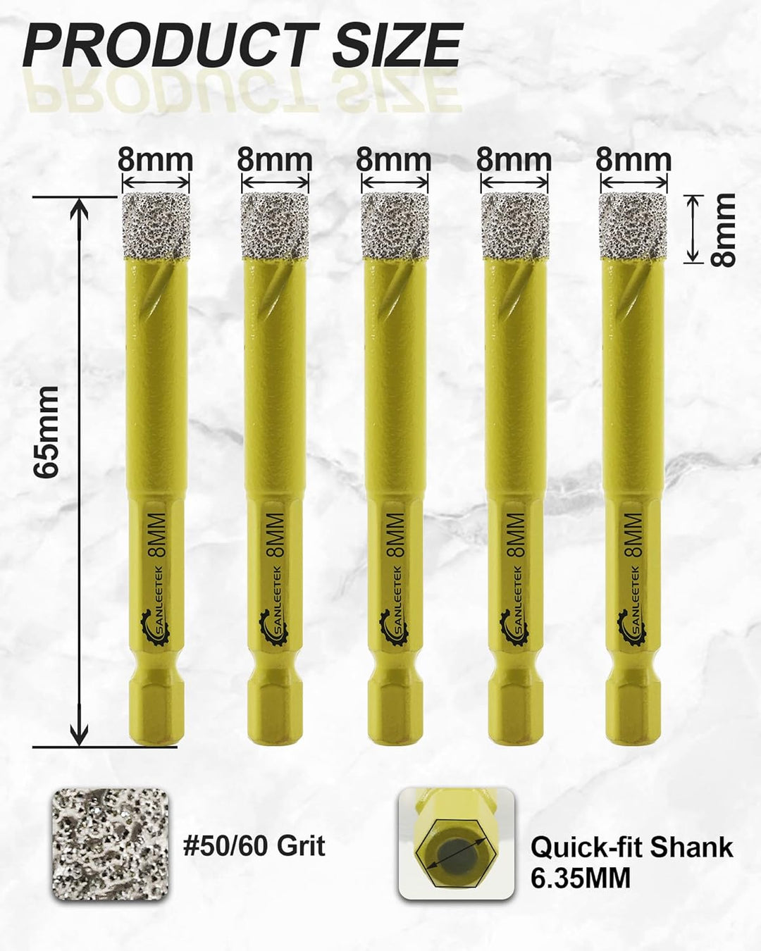 Trocken Diamant Bohrkrone 5 Stücke 8mm Fliesenbohrer mit Schnellwechsel Sechskant Schaft für Marmor