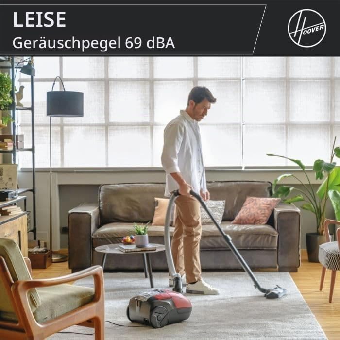 Hoover Bodenstaubsauger mit 3,5 L Beutel – leiser Staubsauger (69 dBA) mit automatischem Beutelentso