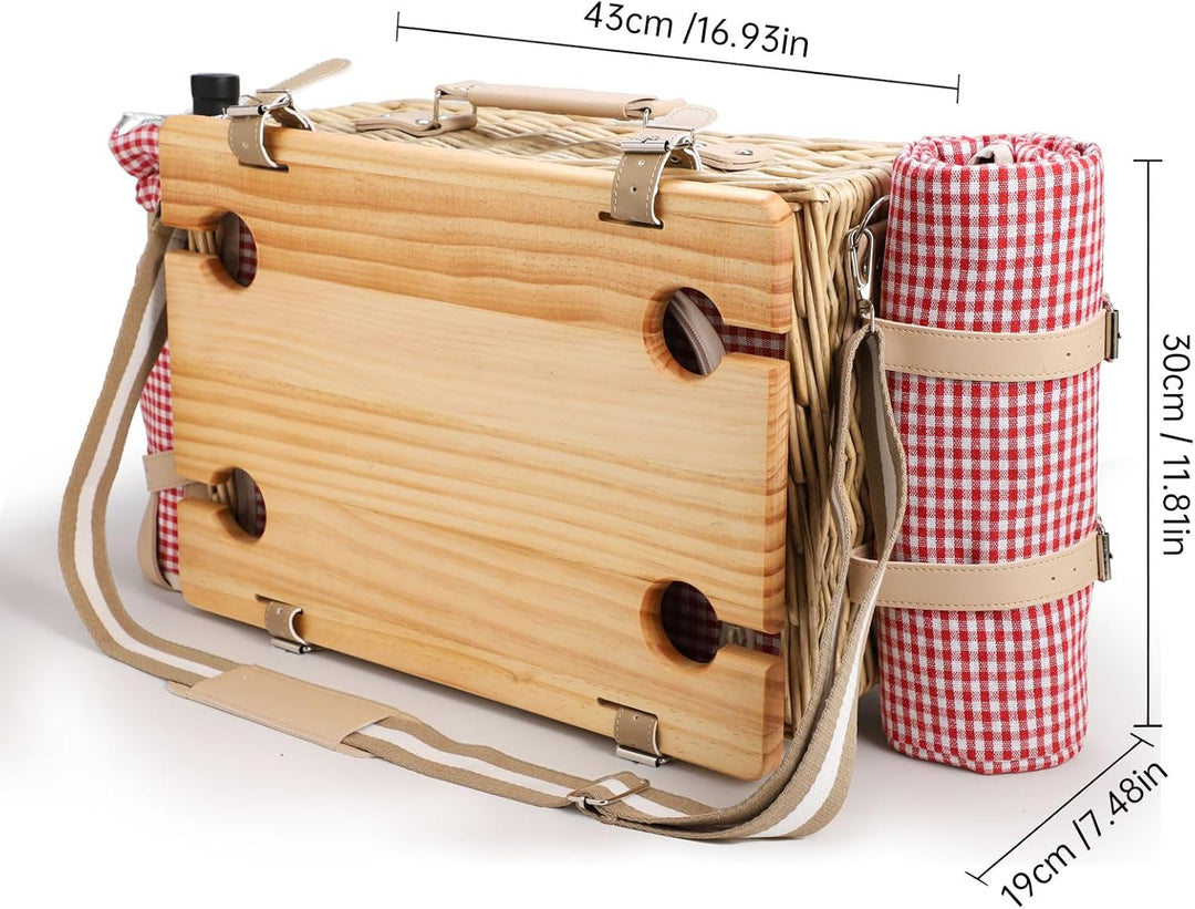 Picknickkorb-Set aus Weide für 4 Personen – mit abnehmbarem Tisch, Bestecktasche, isolierter Kühltas