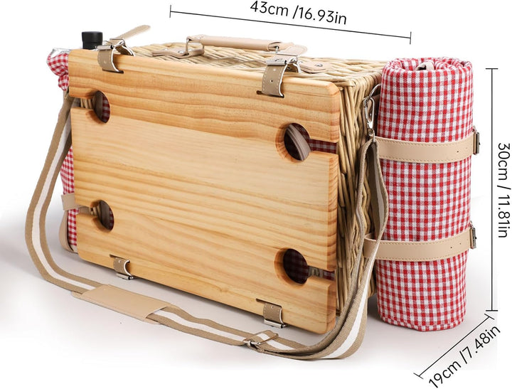 Picknickkorb-Set aus Weide für 4 Personen – mit abnehmbarem Tisch, Bestecktasche, isolierter Kühltas