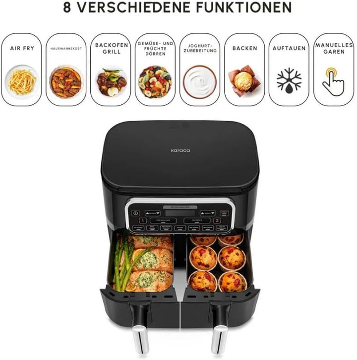 Karaca Air Pro Cook Duo Home Dinner XXXL 8 Liter Airfryer Black Chrome, Black Chrome
