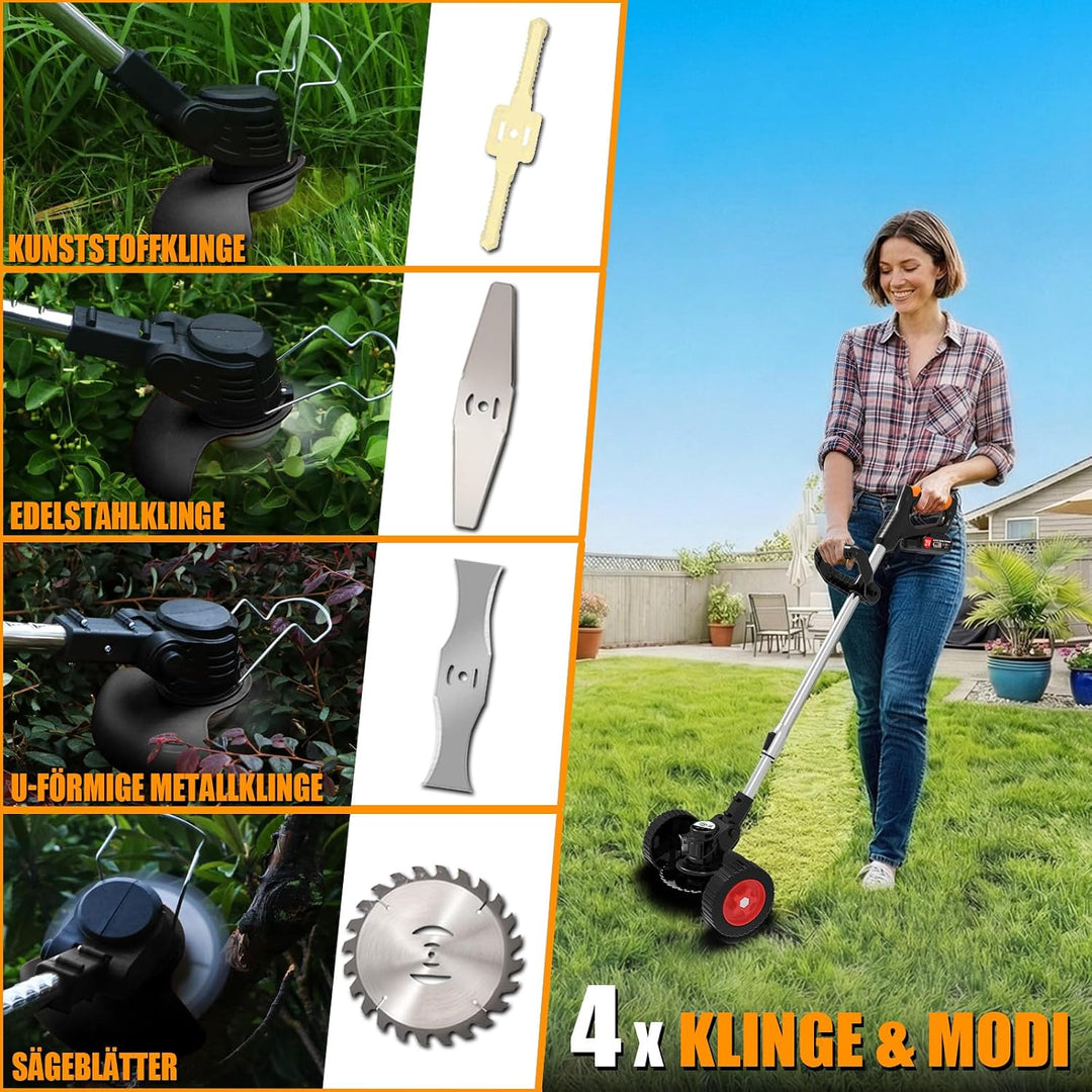 Akku-Rasentrimmer 21V Elektrischer Rasentrimmer - Motorsense akku Mit 2x2000mAh Batterie und 4 Messe