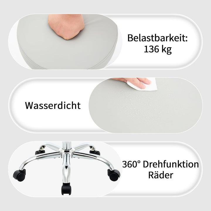 FIRAVOE Ergonomischer höhenverstellbarer Rollhocker 49,5–67,6 cm, Stabiler rückenloser Bürohocker au