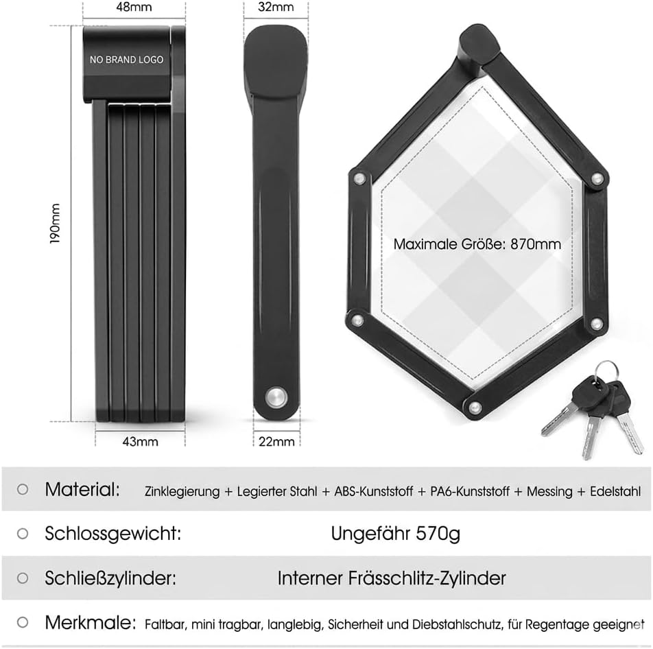 Faltschloss Fahrradschloss – 87cm Gehärteter Stahl – Inkl. Halterung &amp; 2 Schlüsseln – Kompakt, Leich