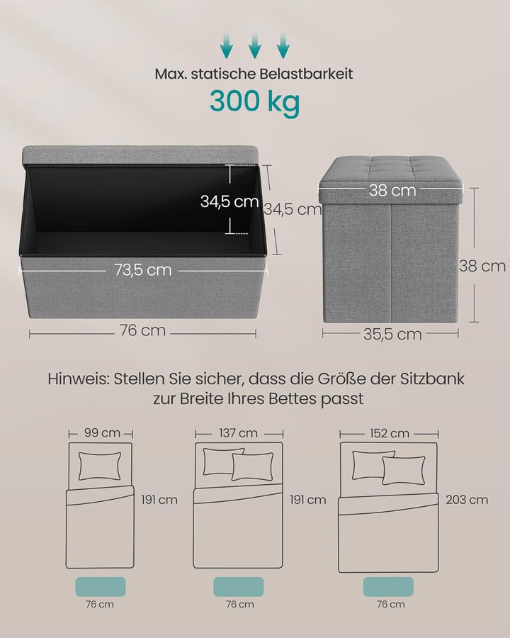 SONGMICS Sitzhocker mit Stauraum, klappbare Sitzbank, 38 x 76 x 38 cm Fussbank, Aufbewahrungsbox, bi