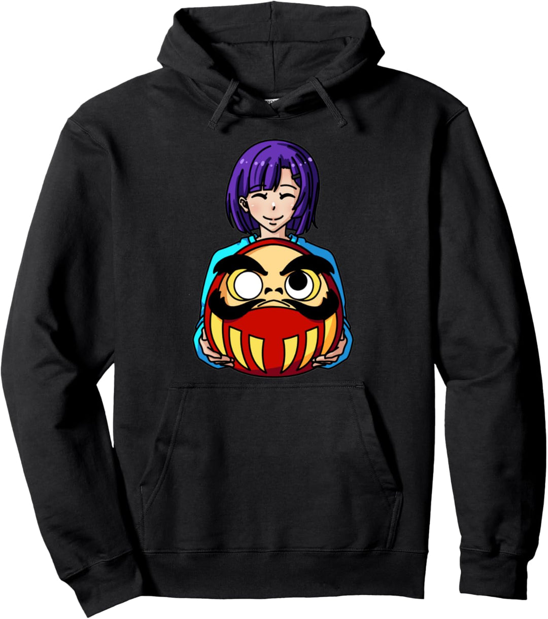 Anime Girl Hugging Japanisch Daruma Doll Kawaii Otaku Pullover Hoodie