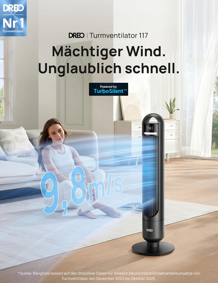 Dreo 23dB Leiser Turmventilator, Fernbedienung für Schlafzimmer, Tower Fan mit 4 Geschwindigkeiten,