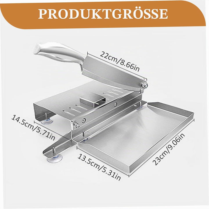 Knochenschneider, manueller Fleischschneider aus Edelstahl mit Waage und Lebensmitteltablett. Arbeit