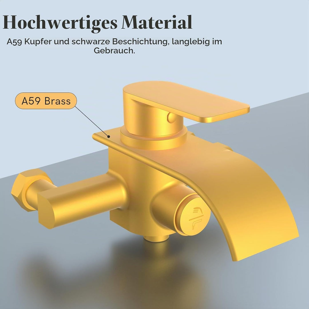 KULACO Badewannenarmatur Wasserfall Schwarz, Mischbatterie Badewanne Wannenbatterie, Messing Wasserh