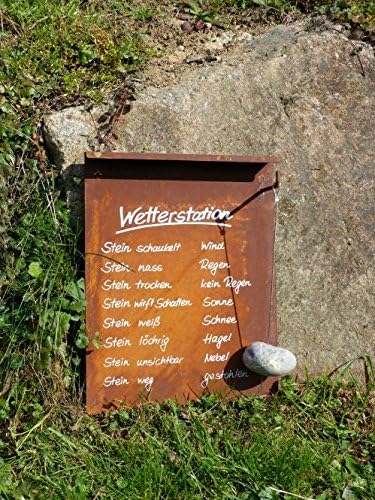 Dekoschild Wetterstation aus Metall (Edelrost) zum Hängen, 31 x 40 cm, Gaudischild mit Stein